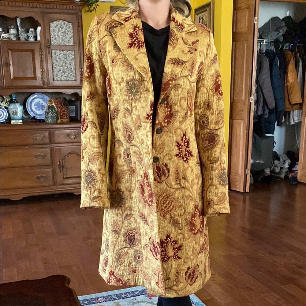 CAbi Yellow and Red Blazer with Vintage Floral Design